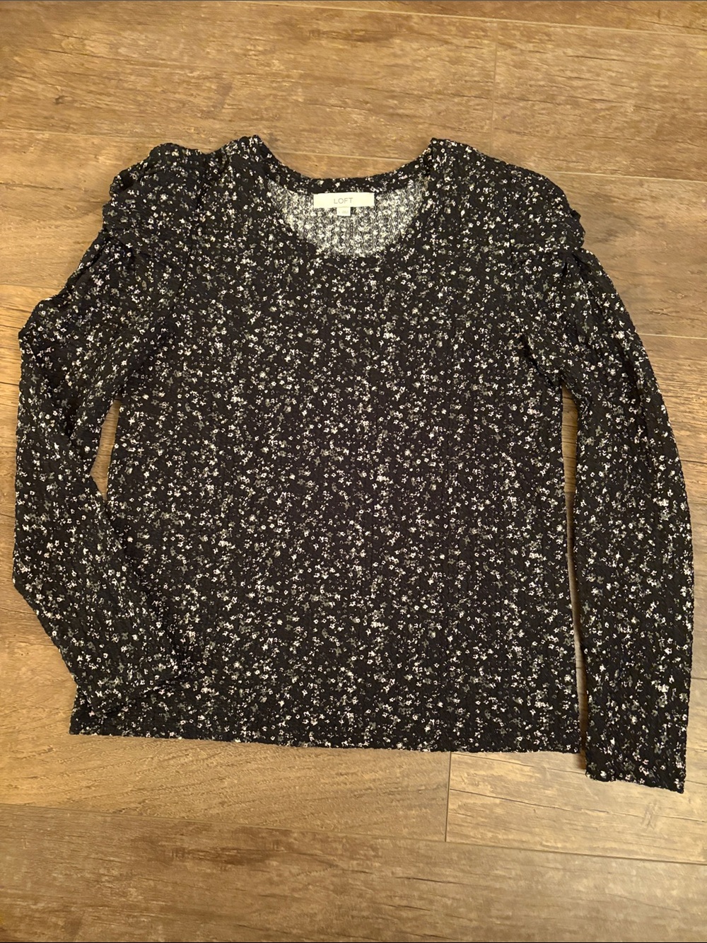 LOFT Black Floral Long Sleeve Crew Top with Tiny White Blossoms